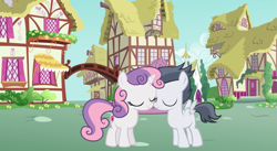 Size: 1205x659 | Tagged: safe, artist:jawsandgumballfan24, character:rumble, character:sweetie belle, species:pegasus, species:pony, species:unicorn, ship:rumbelle, awww, colt, cute, eyes closed, female, filly, male, nuzzles, nuzzling, ponyville, rumblebetes, shipping, spread wings, straight, wings