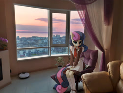 Size: 2560x1920 | Tagged: safe, artist:tomatocoup, edit, character:bon bon, character:sweetie drops, species:anthro, species:earth pony, species:plantigrade anthro, species:pony, city, clothing, couch, crying, evening, female, irl, photo, photoshop, ponies in real life, room, roomba, russia, sad, school uniform, shoes, sitting, soviet, soviet school uniform, vladivostok, window