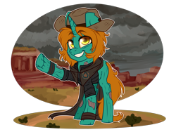 Size: 4000x3000 | Tagged: safe, artist:annakitsun3, oc, oc only, oc:dust runner, species:pony, species:unicorn, fallout equestria, clothing, coat, commission, female, ghoul, hat, mare, simple background, solo, transparent background