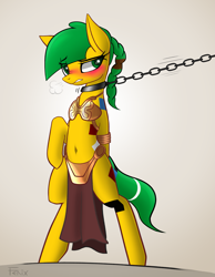 Size: 2847x3662 | Tagged: safe, artist:fenixdust, oc, oc only, oc:blocky bits, species:earth pony, species:pony, belly button, bikini, bipedal, blushing, bondage, bra, bra on pony, chains, clothing, crossover, cute, female, mare, motion lines, princess leia, signature, slave leia outfit, solo, star wars, swimsuit, upright