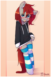 Size: 800x1200 | Tagged: safe, artist:hoodie, oc, oc only, oc:ponepony, bedroom eyes, bipedal, blushing, bottomless, clothing, hoodie, leaning, partial nudity, semi-anthro, socks, solo, striped socks, thigh highs, tongue out