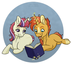 Size: 546x485 | Tagged: safe, artist:haretrinity, character:moondancer, character:sunburst, species:pony, species:unicorn, ship:sundancer, abstract background, book, female, male, mare, missing accessory, prone, reading, shipping, stallion, straight