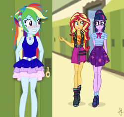 Size: 762x720 | Tagged: safe, artist:ilaria122, character:rainbow dash, character:sunset shimmer, character:twilight sparkle, character:twilight sparkle (scitwi), species:eqg human, species:human, my little pony:equestria girls, alternate hairstyle, belt, blushing, boots, braid, canterlot high, clothing, cute, dashabetes, dress, ear piercing, earring, embarrassed, geode of empathy, geode of telekinesis, glasses, heart eyes, hiding, jacket, jewelry, leather jacket, lockers, necklace, piercing, ponytail, rainbow dash always dresses in style, shoes, simple background, skirt, socks, talking, tomboy taming, walking, wingding eyes, worried, zipper
