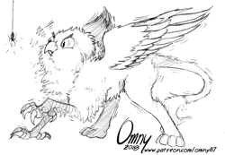 Size: 800x553 | Tagged: safe, artist:omny87, oc, oc only, oc:der, species:griffon, behaving like a bird, birb, birds doing bird things, cheek fluff, chest fluff, fluffy, frown, glare, grayscale, leg fluff, lineart, monochrome, neck fluff, puffy cheeks, scared, shivering, sketch, solo, spider, spread wings, tail fluff, wide eyes, wing fluff, wings