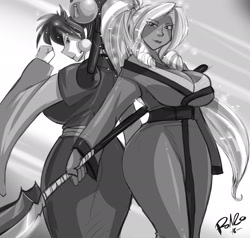 Size: 2333x2217 | Tagged: safe, artist:shonuff44, character:princess celestia, character:princess luna, species:human, anime, big breasts, breasts, busty princess celestia, busty princess luna, cleavage, clothing, crossover, grayscale, humanized, imperial guard, monochrome, royal sisters, saber marionette j