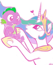Size: 638x776 | Tagged: safe, artist:bunnimation, edit, character:princess celestia, character:spike, baby dragon, baby spike, colored, cute, drool, heart, hoof hold, momlestia, newborn spike, open mouth, smiling, spikelove