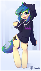 Size: 701x1200 | Tagged: safe, artist:hoodie, oc, oc only, oc:ravebounce, bipedal, blushing, bottomless, clothing, cute, dancing, hoodie, partial nudity, solo