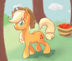 Size: 1198x1024 | Tagged: safe, artist:noupu, character:applejack, species:earth pony, species:pony, apple, basket, female, food, mare, solo