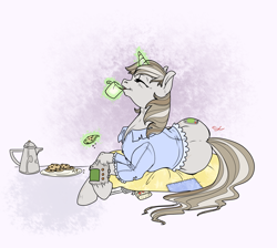Size: 2000x1789 | Tagged: safe, artist:sourcherry, oc, oc only, oc:littlepip, species:pony, species:unicorn, fallout equestria, abstract background, calm, clothing, coffee, coffee mug, coffee pot, cookie, cutie mark, drinking, eyes closed, fanfic, fanfic art, female, food, glowing horn, hooves, horn, levitation, lying down, lying on pillows, magic, mare, mug, older, on side, pipbuck, pipleg, plate, solo, telekinesis