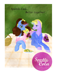 Size: 2000x2500 | Tagged: safe, artist:sourcherry, oc, unnamed oc, species:pony, fallout equestria, advertisement, basket, bow, colored, cucumber sandwiches, curly mane, drinking, drinking straw, female, male, mare, picnic, picnic basket, picnic blanket, sparkle cola, stallion, wasteland ventures