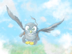 Size: 1024x767 | Tagged: safe, artist:noupu, character:gabby, species:griffon, cloud, female, flying, it's coming right at us, looking at you, mailbag, solo