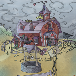 Size: 2000x2000 | Tagged: safe, artist:sourcherry, oc, oc:velvet remedy, species:bird, species:crow, fallout equestria, barn, curtains, destroyed, destruction, fence, hill, overcast, solo, sweet apple acres, wasteland ventures, well