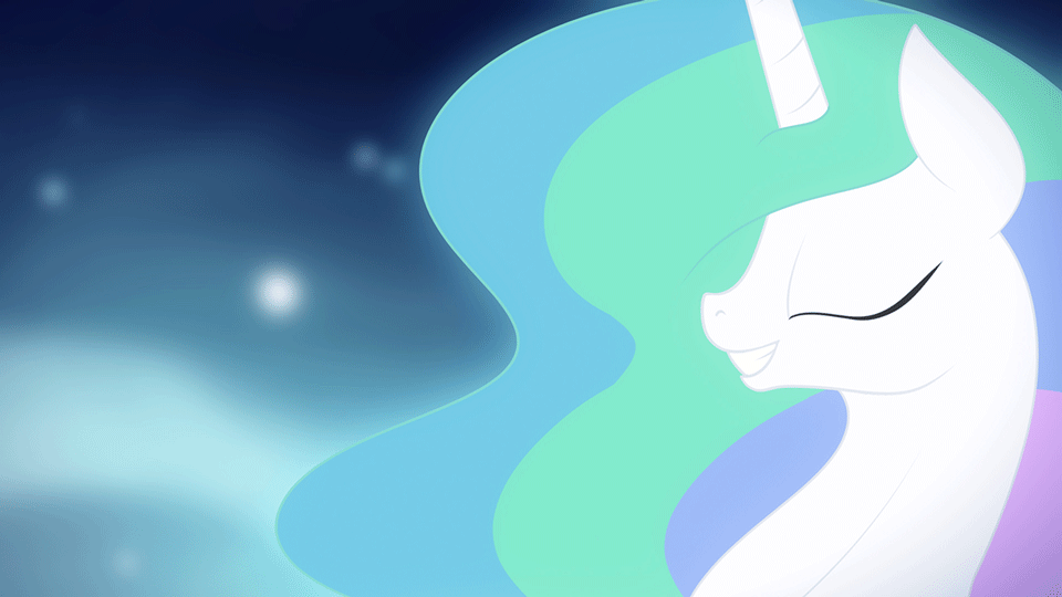 Size: 960x540 | Tagged: safe, artist:eqamrd, character:princess celestia, species:alicorn, species:pony, animated, cute, cutelestia, eyes closed, female, gif, glow, grin, headbob, horn, mare, party soft, princess celestia's special princess making dimension, smiling, solo, squee, stars, teeth