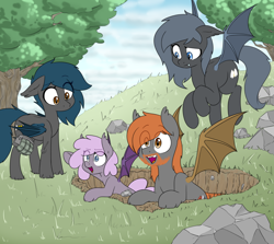 Size: 916x817 | Tagged: safe, artist:victoreach, oc, oc only, oc:angel tears, oc:brick kindler, oc:sirocca, oc:speck, species:bat pony, angelkindler, concerned, family, female, foxhole, grandfather and grandchild, grandmother, grandmother and grandchild, grenade, group, happy, mother and daughter, rock, tree