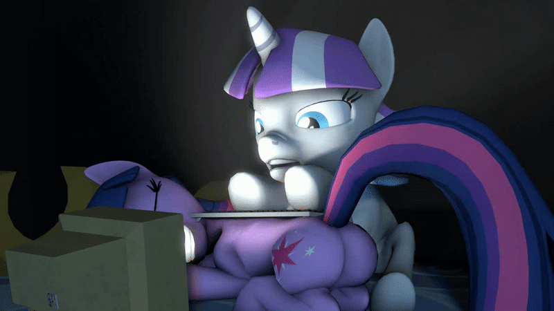 Size: 800x450 | Tagged: source needed, safe, artist:fishimira, character:twilight sparkle, character:twilight sparkle (unicorn), character:twilight velvet, species:pony, species:unicorn, 3d, animated, butt poking, computer, context is for the weak, eyes closed, female, frown, glare, grin, gritted teeth, incest, keyboard, mare, monitor, nose wrinkle, open mouth, plot, prone, screaming, sleeping, smiling, source filmmaker, spanking, typing, wat