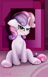 Size: 2766x4419 | Tagged: safe, artist:darksly, character:sweetie belle, species:pony, species:unicorn, angry, cute, diasweetes, female, filly, frog (hoof), grumpy belle, pouting, sitting, solo, underhoof