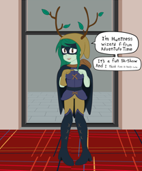 Size: 1500x1800 | Tagged: safe, artist:scraggleman, character:wallflower blush, equestria girls:forgotten friendship, g4, my little pony: equestria girls, my little pony:equestria girls, adventure time, boots, clothing, cosplay, costume, cute, dialogue, fangirl, female, huntress wizard, leaf, mask, nervous, pigeon toed, shoes, shy, solo, speech bubble, text, thigh boots, twig, wallflower and plants