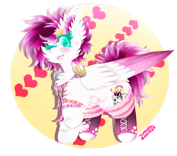 Size: 1024x905 | Tagged: safe, artist:vanillaswirl6, oc, oc only, oc:destiny resonance, species:pegasus, species:pony, abstract background, accessories, bracelet, chest fluff, clothing, colored pupils, colored wings, commission, cute, cute little fangs, ear fluff, earbuds, ethereal mane, fangs, female, fluffy, galaxy mane, hair accessory, jewelry, knee high sneakers, one eye closed, one hoof raised, open mouth, photoshop, scarf, simple background, solo, transparent background, wink
