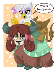 Size: 989x1280 | Tagged: safe, artist:latecustomer, character:gilda, character:yona, species:griffon, species:yak, bow, cloven hooves, commission, cute, dialogue, duo, female, gildadorable, hair bow, monkey swings, perch, simple background, speech, speech bubble, thumbs up, transparent background, yonadorable