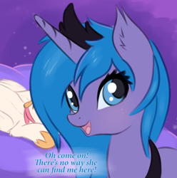 Size: 912x918 | Tagged: safe, artist:twiren, character:princess celestia, character:princess luna, species:alicorn, species:pony, answer, behind you, female, filly, hoof shoes, text, woona, wrong, younger