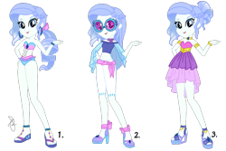 Size: 900x600 | Tagged: safe, artist:ilaria122, part of a set, oc, oc:sapphire blue, parent:fancypants, parent:rarity, parents:raripants, my little pony:equestria girls, belly button, bow, bracelet, choker, clothing, dress, ear piercing, earring, feet, high heels, jewelry, legs, midriff, next generation, offspring, pants, party dress, piercing, ponytail, resort outflit, sandals, shoes, short shirt, simple background, sunglasses, swimsuit, transparent background, wedge heel
