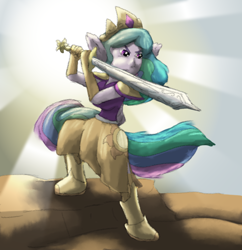 Size: 1584x1638 | Tagged: safe, artist:firefanatic, character:princess celestia, species:anthro, armor, boots, clothing, crepuscular rays, crown, dress, female, fighting stance, gloves, jewelry, ponytail, regalia, shoes, solo, sword, warrior, warrior celestia, weapon