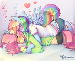 Size: 1200x976 | Tagged: safe, artist:hoodie, character:fluttershy, character:rainbow dash, species:anthro, species:pegasus, species:pony, ship:flutterdash, adorasexy, bed, biting, blue coat, blushing, clothing, cuddling, cute, cutie mark, dashabetes, dawwww, digital art, eyes closed, female, heart, hoodie, lesbian, pillow, pink hair, sexy, shipping, short-sleeved hoodie, shorts, shyabetes, sleeping, sleepy, smiling, snuggling, sweater, sweatershy, wings