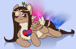 Size: 3000x1928 | Tagged: safe, artist:helemaranth, rcf community, oc, oc only, oc:helemaranth, species:pegasus, species:pony, bisexual pride flag, female, lgbt, mare, one eye closed, polyamory, pride, prone, solo