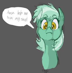 Size: 2076x2092 | Tagged: safe, artist:helloiamyourfriend, character:lyra heartstrings, species:pony, species:unicorn, bust, dialogue, female, gray background, implied anon, missing horn, portrait, simple background, sketch, solo, speech, text bubbles, whiskers