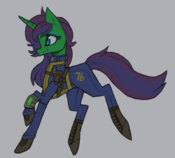 Size: 940x851 | Tagged: safe, artist:raptor007, oc, oc:fantasia charm, species:pony, fallout equestria, clothing, crossover, fallout, fallout 76, female, gray background, mare, pipboy, pipbuck, simple background, vault suit