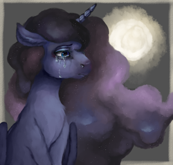 Size: 896x855 | Tagged: safe, artist:colorlesscupcake, character:princess luna, species:alicorn, species:pony, crying, ethereal mane, female, floppy ears, galaxy mane, mare, missing accessory, sitting, solo
