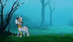 Size: 1837x1073 | Tagged: safe, artist:colorlesscupcake, character:zecora, species:pony, species:zebra, ear piercing, earring, female, flower, forest, jewelry, looking back, mare, mist, painting, piercing, poison joke, solo