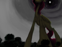 Size: 1121x848 | Tagged: safe, artist:colorlesscupcake, character:fluttershy, species:pegasus, species:pony, female, forest, full moon, macro, mare, moon, solo, stars, tree, wat