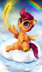 Size: 2929x5008 | Tagged: safe, artist:darksly, character:scootaloo, species:pegasus, species:pony, blushing, cloud, cutie mark, feather, female, filly, foal, hooves, horseshoes, on a cloud, open mouth, rainbow, scootaloo can fly, sitting, sitting on a cloud, solo, spread wings, teeth, wings