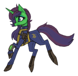 Size: 1332x1301 | Tagged: safe, artist:raptor007, oc, oc:fantasia charm, species:pony, fallout equestria, clothing, crossover, fallout, fallout 76, female, full body vault suit, mare, pipboy, pipbuck, simple background, transparent background, vault suit