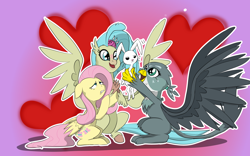 Size: 8000x5000 | Tagged: safe, artist:chedx, character:angel bunny, character:fluttershy, character:gabby, character:princess skystar, species:griffon, species:hippogriff, species:pegasus, species:pony, species:rabbit, my little pony: the movie (2017), absurd resolution, female, heart, heart background, holding, looking at something, male, mare, outline, spread wings, varying degrees of amusement, varying degrees of want, white outline, wings, worried