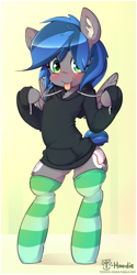 Size: 800x1600 | Tagged: safe, artist:hoodie, oc, oc only, oc:bibbo, species:pegasus, species:pony, bipedal, blep, blushing, bottomless, clothing, hoodie, mlem, partial nudity, semi-anthro, silly, socks, solo, striped socks, tongue out