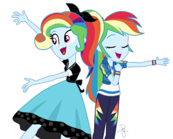 Size: 1050x850 | Tagged: safe, artist:ilaria122, edit, character:rainbow dash, episode:so much more to me, equestria girls:rollercoaster of friendship, g4, my little pony: equestria girls, my little pony:equestria girls, 1950s, 50's fashion, alternate hairstyle, clothing, confrontation, cute, dashabetes, dress, duality, eyes closed, geode of super speed, lipstick, magical geodes, multicolored hair, open mouth, pants, ponytail, poodle skirt, rainbow dash always dresses in style, self paradox, shirt, simple background, singing, skirt, smiling, sockhop, sweatshirt, t-shirt, transparent background, vector, vector edit, wristband