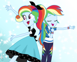 Size: 1050x850 | Tagged: safe, alternate version, artist:ilaria122, character:rainbow dash, episode:so much more to me, equestria girls:rollercoaster of friendship, g4, my little pony: equestria girls, my little pony:equestria girls, 1950s, 50's fashion, alternate hairstyle, clothing, confrontation, cute, dashabetes, eyes closed, geode of super speed, lipstick, magical geodes, makeup, multicolored hair, pants, ponytail, poodle skirt, rainbow dash always dresses in style, shirt, singing, skirt, smiling, sockhop, sweatshirt, t-shirt, wristband