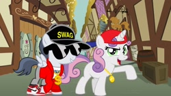 Size: 2730x1536 | Tagged: safe, artist:jawsandgumballfan24, character:rumble, character:sweetie belle, species:pegasus, species:pony, species:unicorn, ship:rumbelle, air jordans, baseball cap, bling, cap, clothing, colt, female, filly, gold chain, hat, horn, jacket, jordans, male, pants, rapper, shipping, shirt, straight, sunglasses, swag, wings