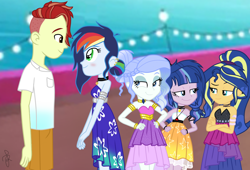 Size: 1250x850 | Tagged: safe, artist:ilaria122, oc, oc:firestorm, oc:sapphire blue, oc:shining swirls, oc:sky, oc:velvet star, parent:fancypants, parent:flash sentry, parent:rainbow dash, parent:rarity, parent:soarin', parent:sunset shimmer, parent:twilight sparkle, parents:flashimmer, parents:flashlight, parents:raripants, parents:soarindash, my little pony:equestria girls, bedroom eyes, belt, blushing, braid, choker, clothing, crossed arms, cruise, cruise ship, dress, ear piercing, equestria girls-ified, hand on hip, holding hands, jewelry, love at first sight, necklace, next generation, nose piercing, offspring, party dress, piercing, ponytail, shirt, simple background, smiling, smirk