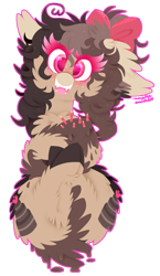 Size: 625x1080 | Tagged: safe, artist:vanillaswirl6, oc, oc only, oc:choco cake delight, species:earth pony, species:pony, bow, cake pony, chest fluff, colored hooves, colored muzzle, colored pupils, commission, cute, dripping, ear fluff, floppy ears, freckles, hair bow, looking at you, on back, open mouth, signature, simple background, solo, sparkles, tail hold, transparent background