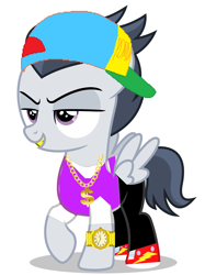 Size: 5210x6969 | Tagged: safe, artist:jawsandgumballfan24, edit, character:rumble, species:pegasus, species:pony, absurd resolution, baseball cap, bling, cap, clothing, colt, cute, gangsta, gold chain, grills, hat, male, pants, rolex watch, shirt, shoes, simple background, smug, sneakers, solo, t-shirt, tank top, watch, white background, wings