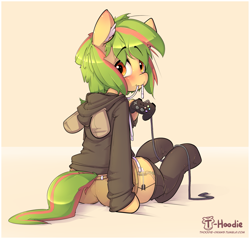 Size: 1693x1621 | Tagged: safe, artist:hoodie, oc, oc only, oc:ardent arrow, archer, biting, blushing, clothing, controller, femboy, gaming, hoodie, lace in mouth, male, pants, semi-anthro, shorts, socks, solo