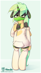 Size: 685x1200 | Tagged: safe, artist:hoodie, oc, oc only, oc:serenity, species:pony, species:unicorn, bipedal, clothing, female, heart, hoodie, horn, mare, off shoulder, off shoulder sweater, oversized clothes, scarf, semi-anthro, sleepy, socks, solo, sweater