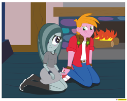 Size: 2889x2295 | Tagged: safe, artist:conikiblasu-fan, character:big mcintosh, character:marble pie, ship:marblemac, episode:hearthbreakers, g4, my little pony: friendship is magic, my little pony:equestria girls, blushing, boots, clothing, equestria girls interpretation, equestria girls-ified, female, fireplace, hair over one eye, holding hands, kneeling, male, miniskirt, scene interpretation, shipping, shoes, shy, skirt, smiling, straight