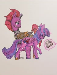 Size: 3024x4032 | Tagged: safe, artist:caek, artist:colorlesscupcake, character:tempest shadow, character:twilight sparkle, character:twilight sparkle (alicorn), species:alicorn, species:pony, species:unicorn, book, broken horn, female, mare, prosthetic horn, prosthetics, tempest gets her horn back, traditional art