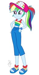 Size: 530x1030 | Tagged: safe, artist:ilaria122, character:rainbow dash, episode:i'm on a yacht, equestria girls:spring breakdown, g4, my little pony: equestria girls, my little pony:equestria girls, spoiler:eqg series (season 2), 2019, alternate hairstyle, cap, clothing, comic con, cruise outfit, feet, female, hat, midriff, pants, ponytail, pose, san diego comic con, sandals, sdcc 2018, shirt, simple background, smiling, t-shirt, transparent background, wristband