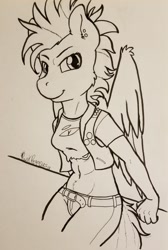 Size: 1439x2138 | Tagged: safe, artist:punk-pegasus, character:rainbow dash, species:anthro, alternate hairstyle, belly button, belt, clothing, female, midriff, mohawk, monochrome, piercing, punk, ripping clothes, short shirt, solo, traditional art