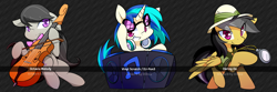 Size: 1080x360 | Tagged: safe, artist:dshou, character:daring do, character:dj pon-3, character:octavia melody, character:vinyl scratch, species:earth pony, species:pegasus, species:pony, species:unicorn, cello, female, glasses, headphones, looking at you, mare, musical instrument, trio